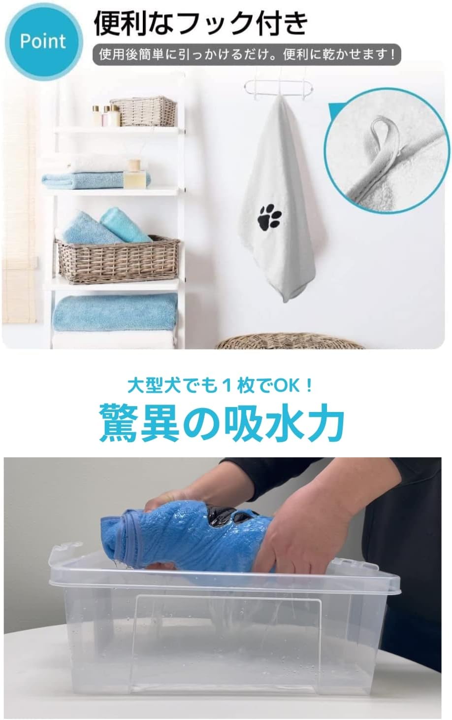 Perco ペット用タオル 超吸水 厚手 マイクロファイバー 犬 猫 体拭き (75cmx127cm, ライトグレー)