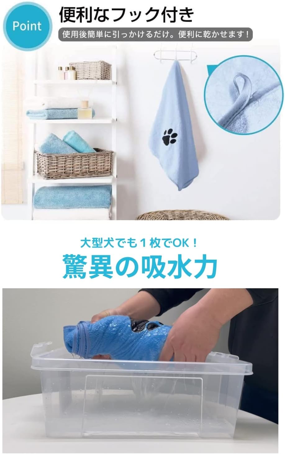 Perco ペット用タオル 超吸水 厚手 マイクロファイバー 犬 猫 体拭き (75cmx127cm, ライトブルー)