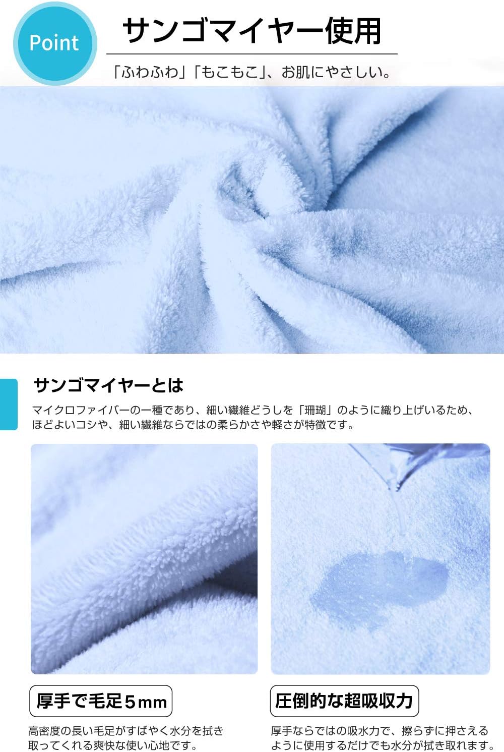 Perco ペット用タオル 超吸水 厚手 マイクロファイバー 犬 猫 体拭き (75cmx127cm, ライトブルー)